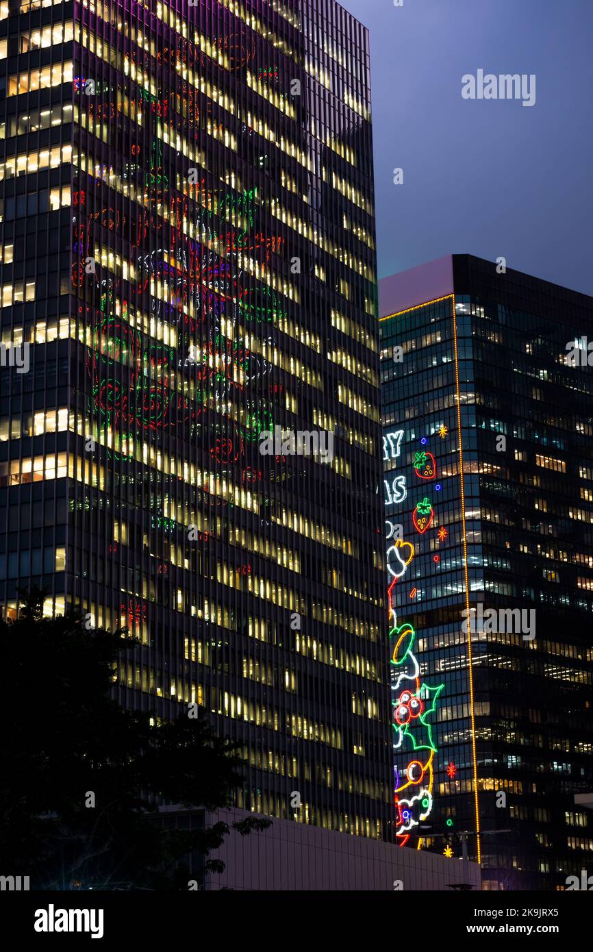 Le luci decorative di Natale si riflettono nella facciata del complesso del Governo Centrale, con il Centro Ammiragliato dietro, al crepuscolo, sull'Isola di Hong Kong Foto Stock