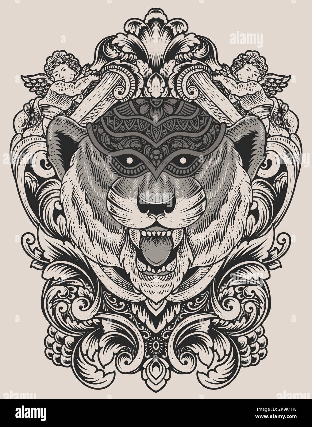 illustrazione tiger testa incisione stile con maschera Illustrazione Vettoriale