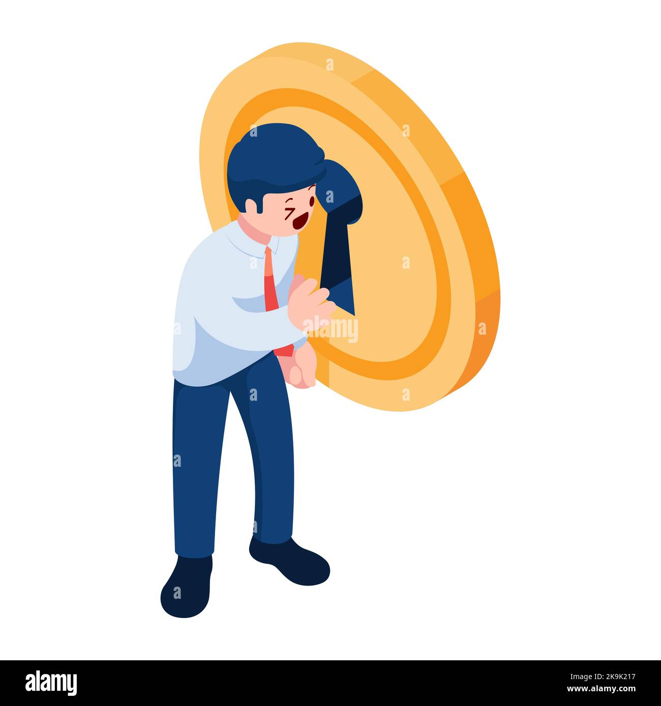 Flat 3D Isometrica uomo d'affari hanno un Peek interno chiave buco su Dollar Coin. Concetto di Insider finanziario e aziendale. Illustrazione Vettoriale