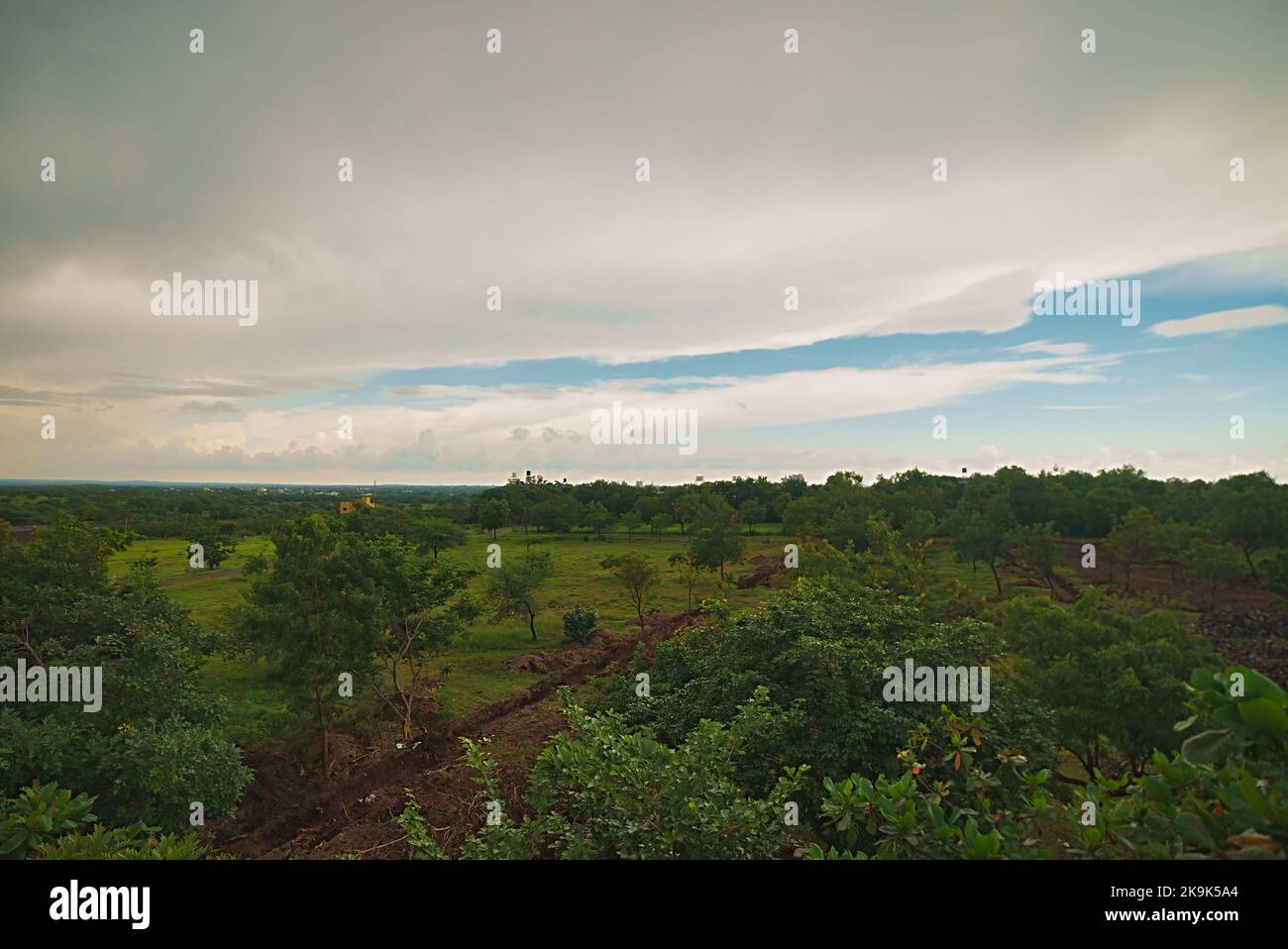 Ampio paesaggio con alberi verdi e cielo nuvoloso Foto Stock