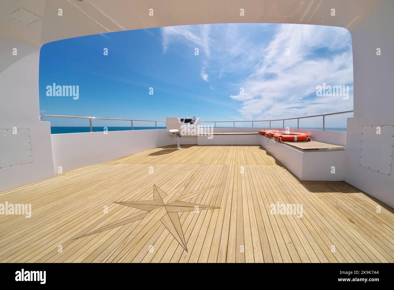Vista oceano calmo mare da yacht flybridge open deck, moderno e di lusso dotato di dispositivi di navigazione cruscotto. Concetto di libertà di stile di vita. Foto Stock