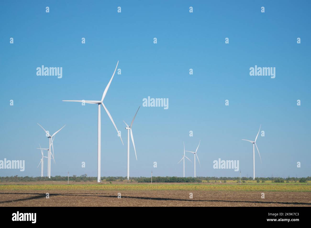 Mulini a vento di produzione di energia elettrica in prato. Foto Stock