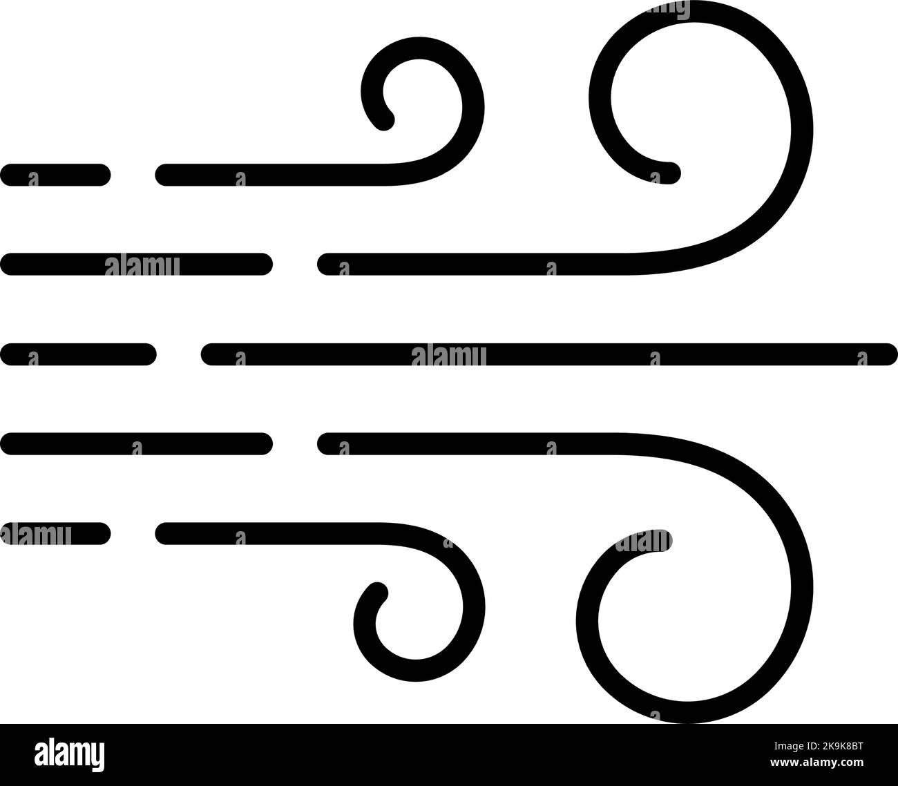 Icona della linea di ventilazione. Segnale flat del flusso d'aria. Simbolo del tempo ventoso. Elemento di disegno di fotoricettore di clima. Icona della linea arricciata. Illustrazione vettoriale isolata su bianco Illustrazione Vettoriale