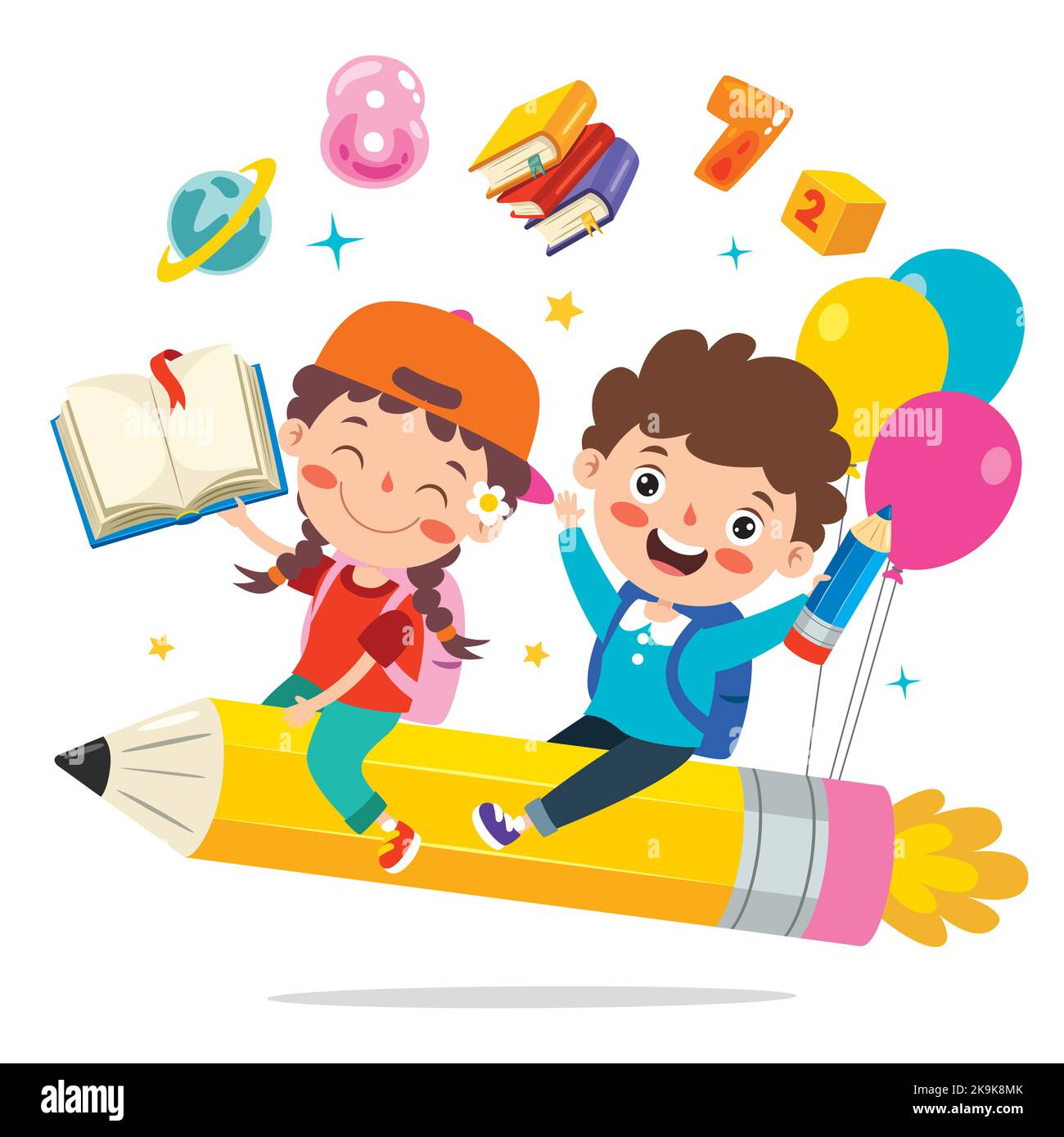 Divertente Kid Flying su matita colorata Illustrazione Vettoriale