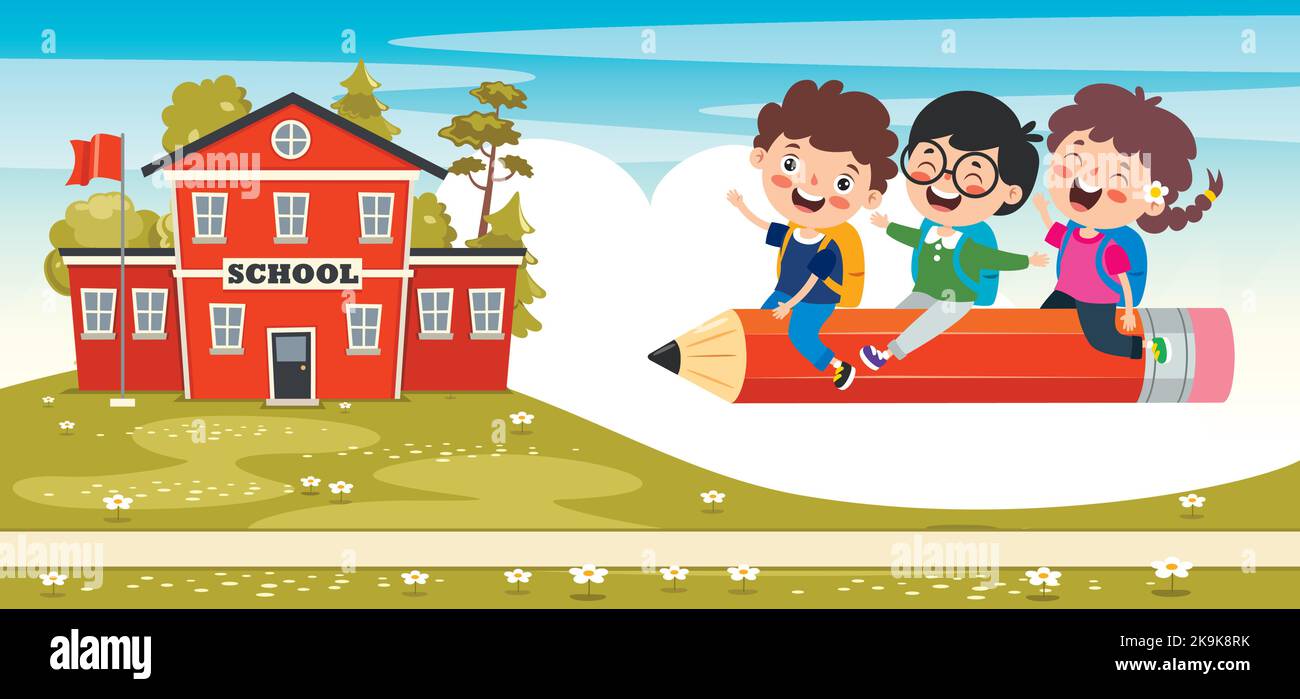 Divertente Kid Flying su matita colorata Illustrazione Vettoriale