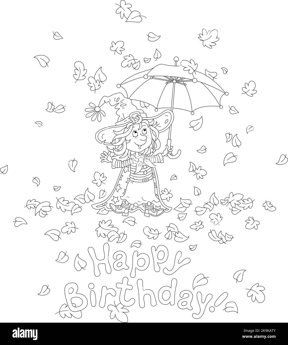 Felice carta di compleanno con una divertente strega e un ombrello giocattolo a strisce sotto foglie autunnali che cadono e rotolano Illustrazione Vettoriale