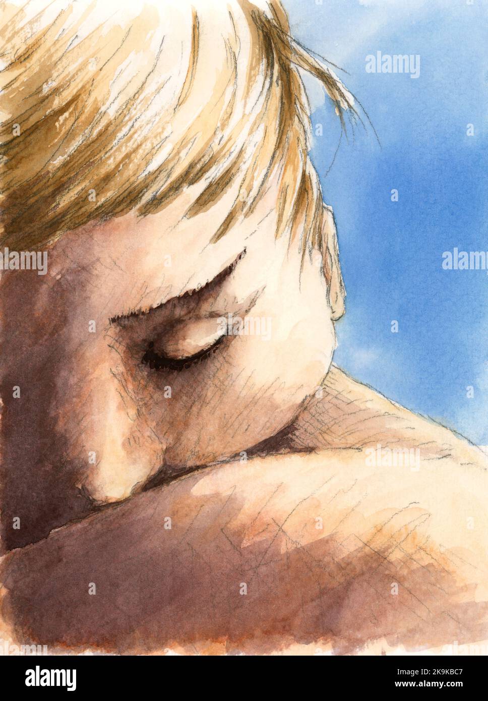 Disegno ritratto donna. Matita di grafite e acquerello su carta. Foto Stock