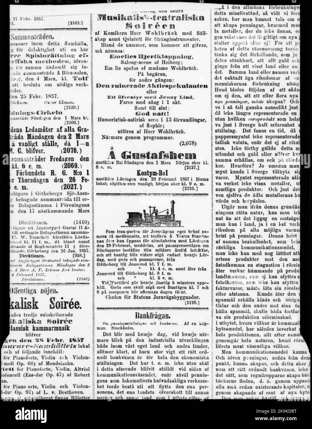 Clip di giornale dal 1857 al 02-27 riguardanti il traffico di passeggeri ripreso sulla linea principale occidentale tra Gothenburg e Jonsered. Foto Stock