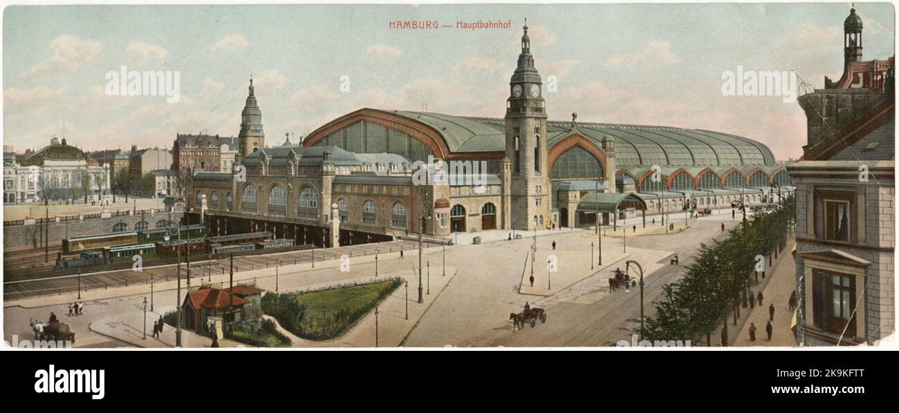 Vista colorata della Hauptbahnhof di Amburgo. Foto Stock