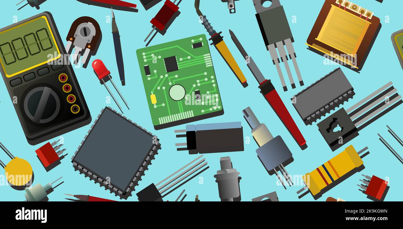 Gruppo di componenti della radio. Immagine di sfondo. Sparsi sul tavolo. Ripetizione senza giunture. Elemento per circuito radio. Dettagli elettronici. Vettore. Illustrazione Vettoriale