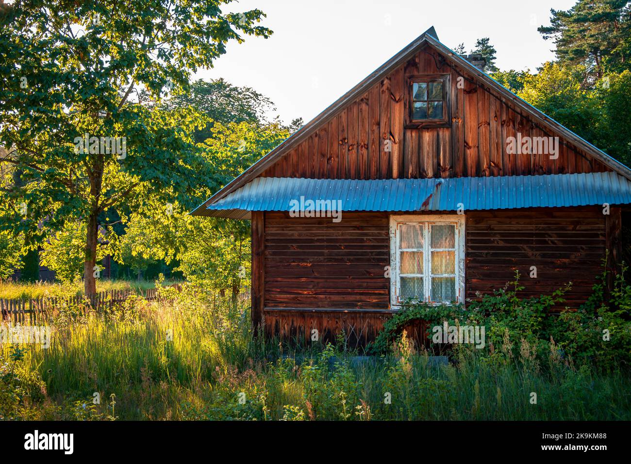 Bellissimo paesaggio rurale. Vecchio cottage in legno con finestra bianca. Sole pomeridiano Foto Stock