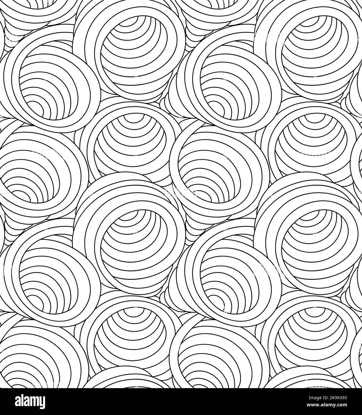 Pattern vettoriale monocromatico senza cuciture di vortici e forme astratte disegnate con linee sottili. Texture vettoriale senza giunture in forme d'onda o flusso di colore nero. Illustrazione Vettoriale