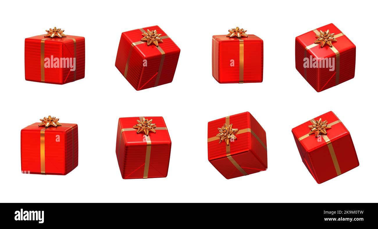 regali di natale rossi su sfondo bianco, diversi angoli di vista - rendering 3d Foto Stock