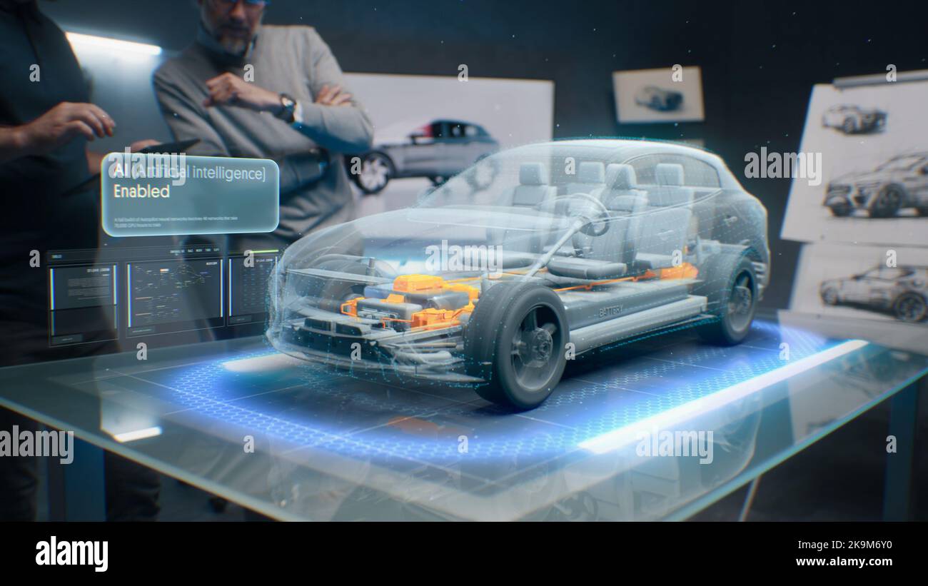 Gli ingegneri di sviluppo stanno testando un sistema autopilota senza conducente integrato in un'auto elettrica con intelligenza artificiale ai. Utilizzano l'innovativa tecnologia di modellazione 3D della visualizzazione Foto Stock