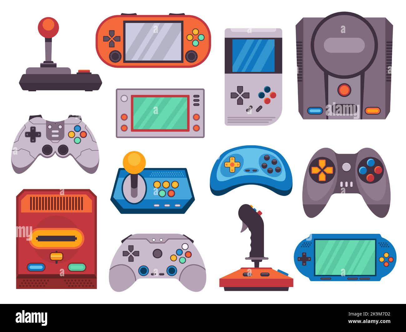 Dispositivi per videogiochi. Vecchio joystick retro gamepad icone piatte, cartoon hipster classico gadget console per i giocatori e pc geek. Raccolta con isolamento vettoriale Illustrazione Vettoriale