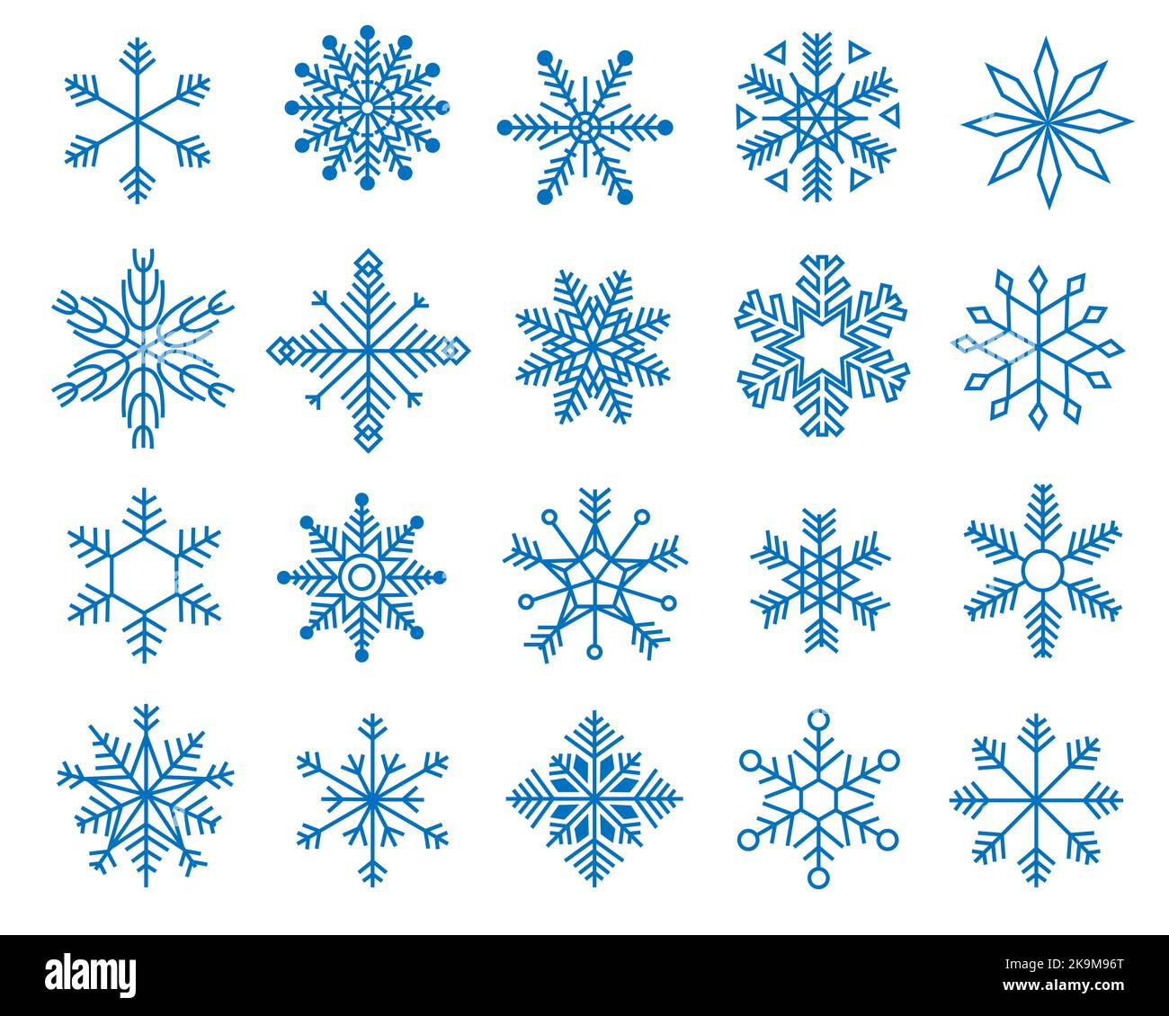 Doodle fiocchi di neve. Variazioni di blu inverno fiocchi di neve simmetrici, icone di cristallo congelato geometrico Natale decorazione di Capodanno. Raccolta vettoriale Illustrazione Vettoriale