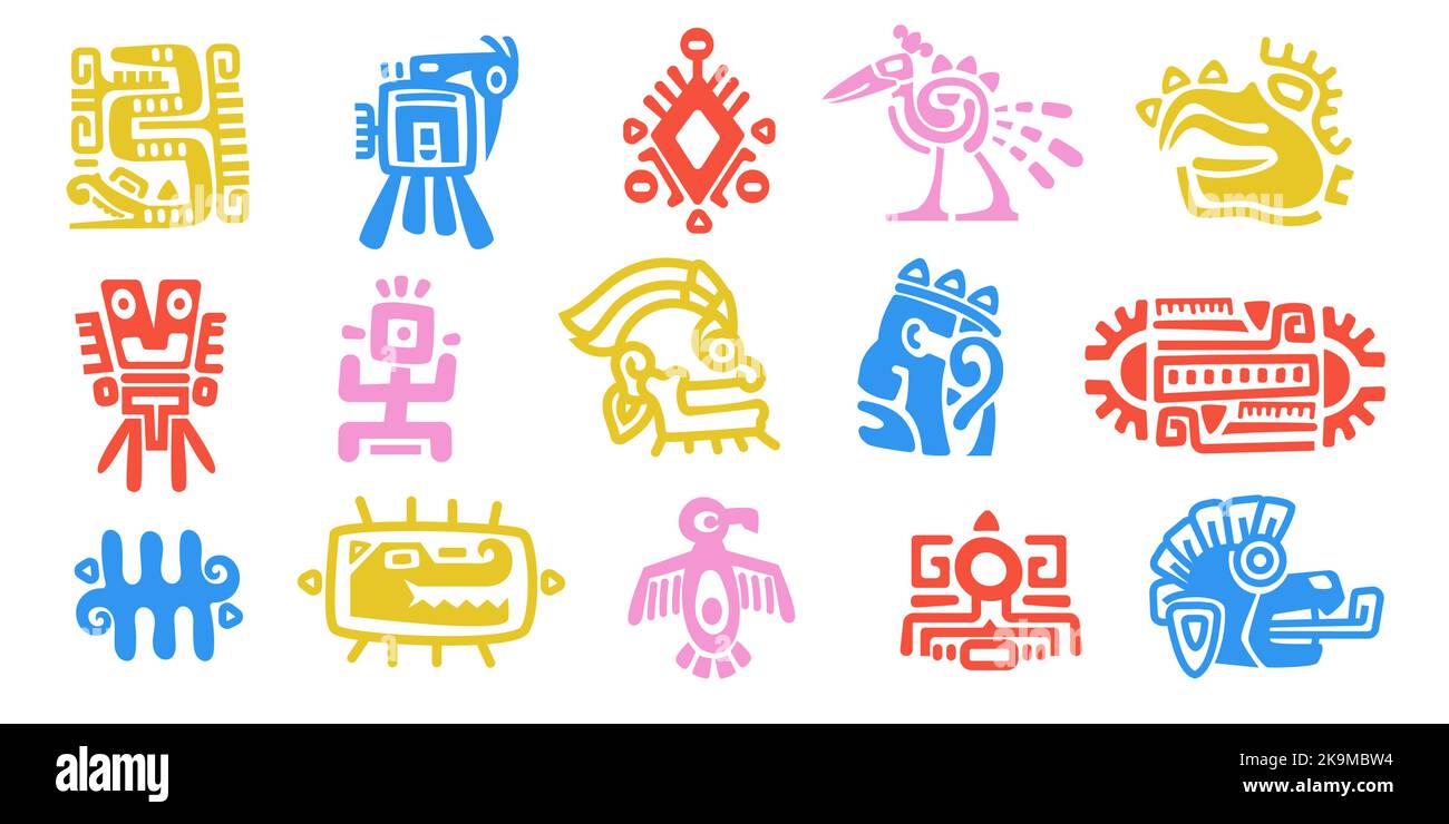Totem animale Maya. Antichi simboli della mitologia maya azteca, antichi segni di mostro rituale indigeno messicano. Set di colori vettoriali Illustrazione Vettoriale