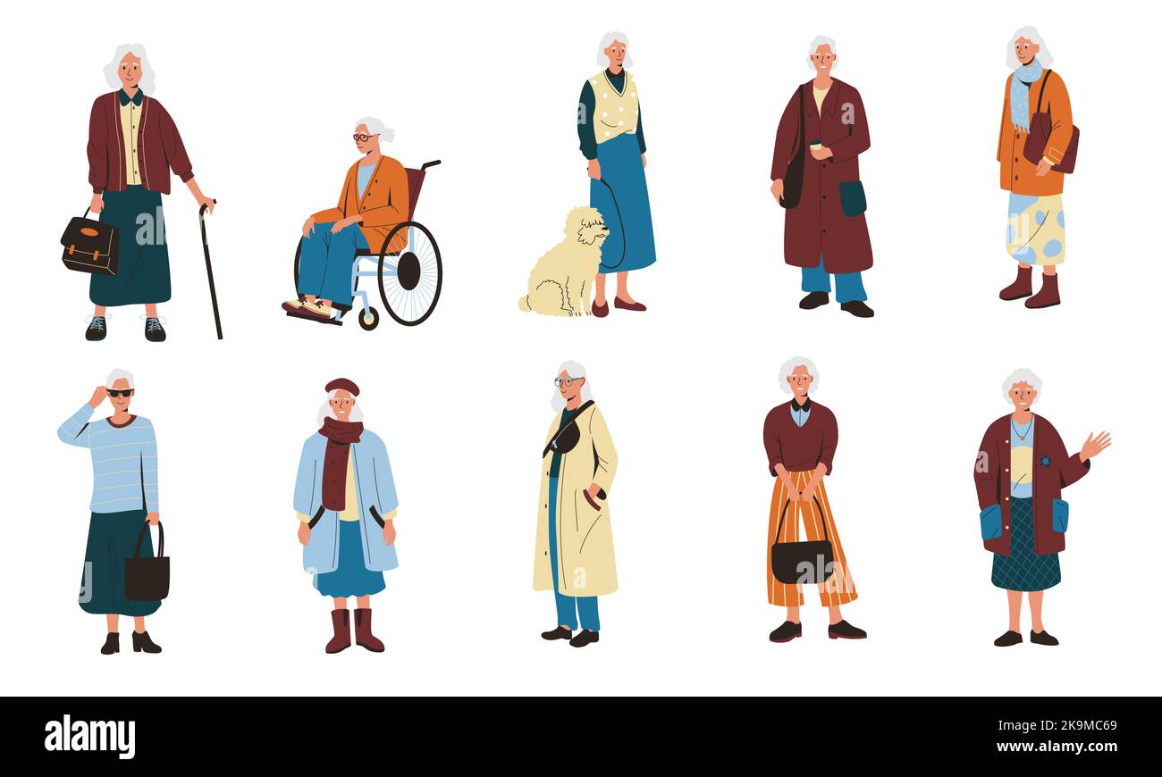 Donne anziane. Vecchi personaggi femminili maturi in stile cartoon, ritratti di nonna anziani che indossano abiti casual alla moda, donne in pensione positive Illustrazione Vettoriale