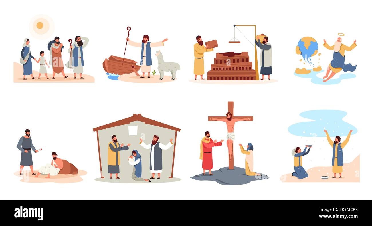 Storie cristiane. Parabola della Sacra bibbia e personaggi cartoni animati in stile piatto, scene religiose cristiane con Dio messia preghiera Noè profeta. Vettore Illustrazione Vettoriale