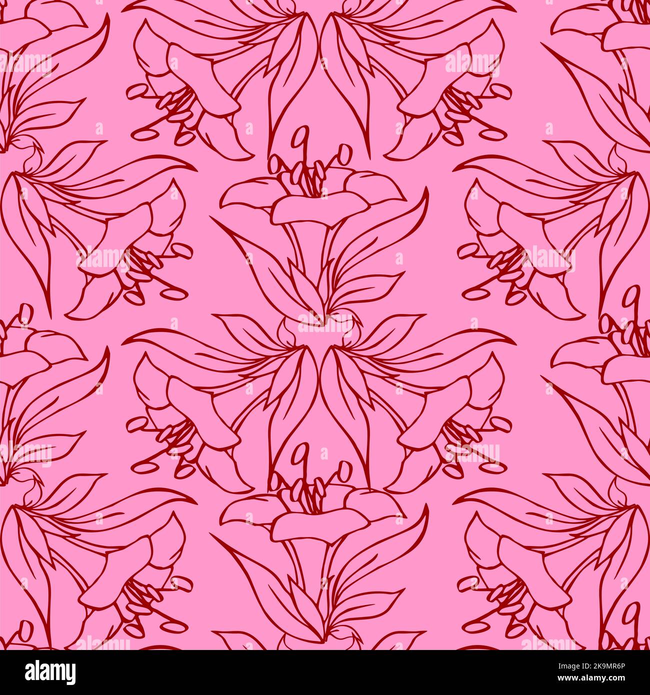 contorno senza cuciture di grandi fiori grafici rossi su sfondo rosa, texture, design Foto Stock