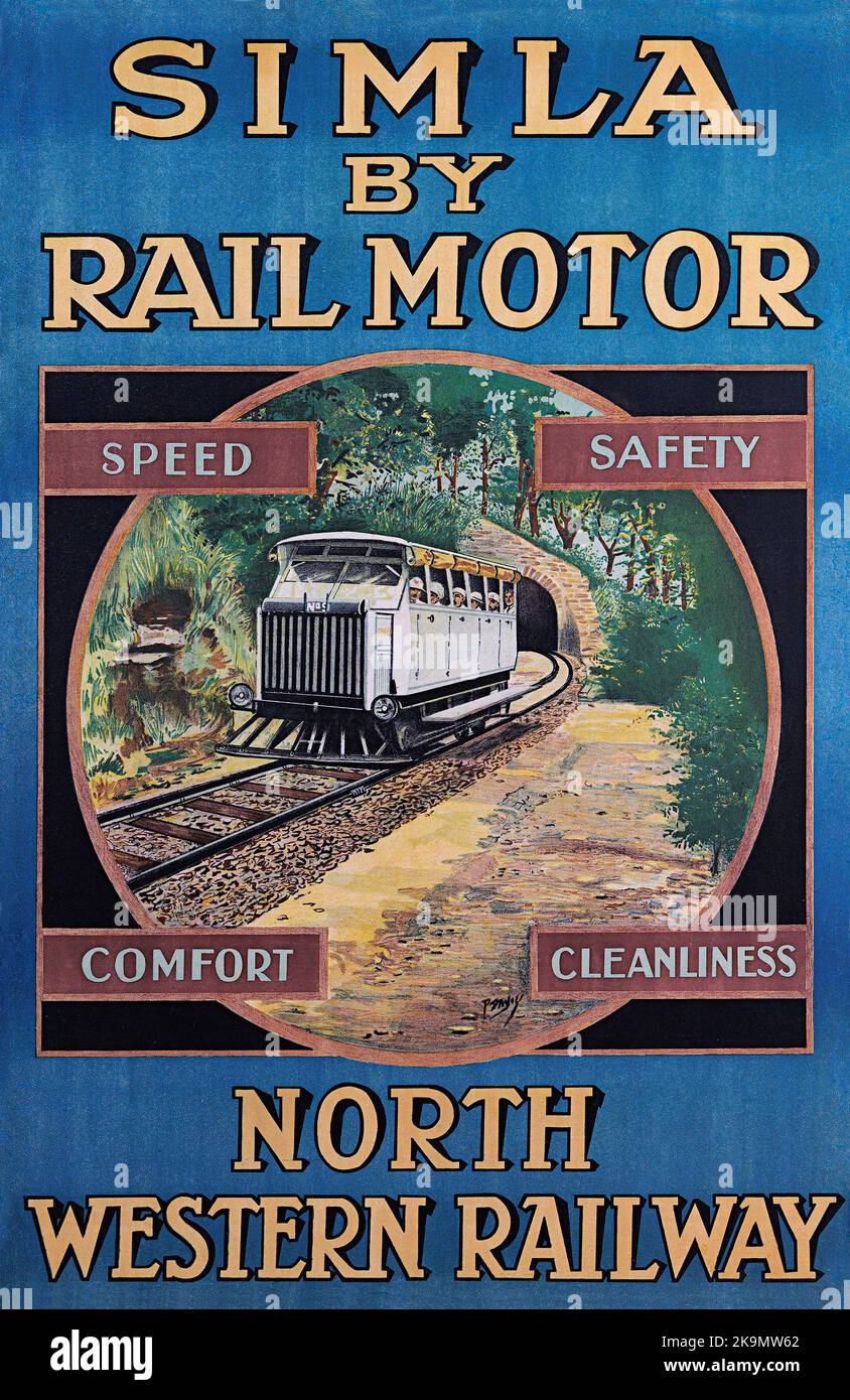Poster di viaggio d'epoca - Kalka-Shimla Heritage rail auto a motore, India. Ferrovia nord-occidentale Foto Stock