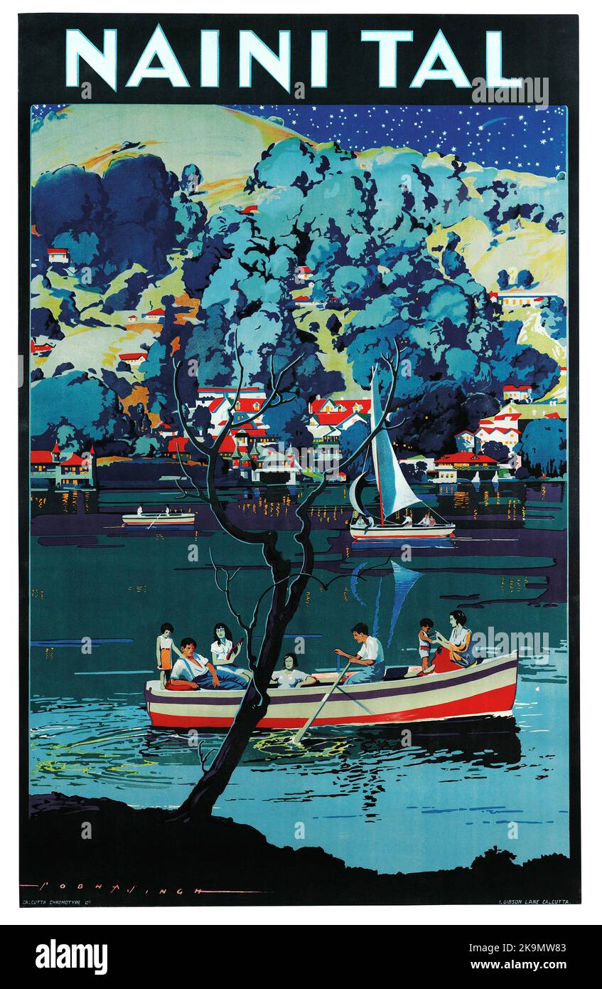 Vintage 1930s India Travel Poster - Nainital una città di Himalayan resort sul lago Nainital, un popolare sito di nautica . Tempio indù di Naina Devi . Foto Stock