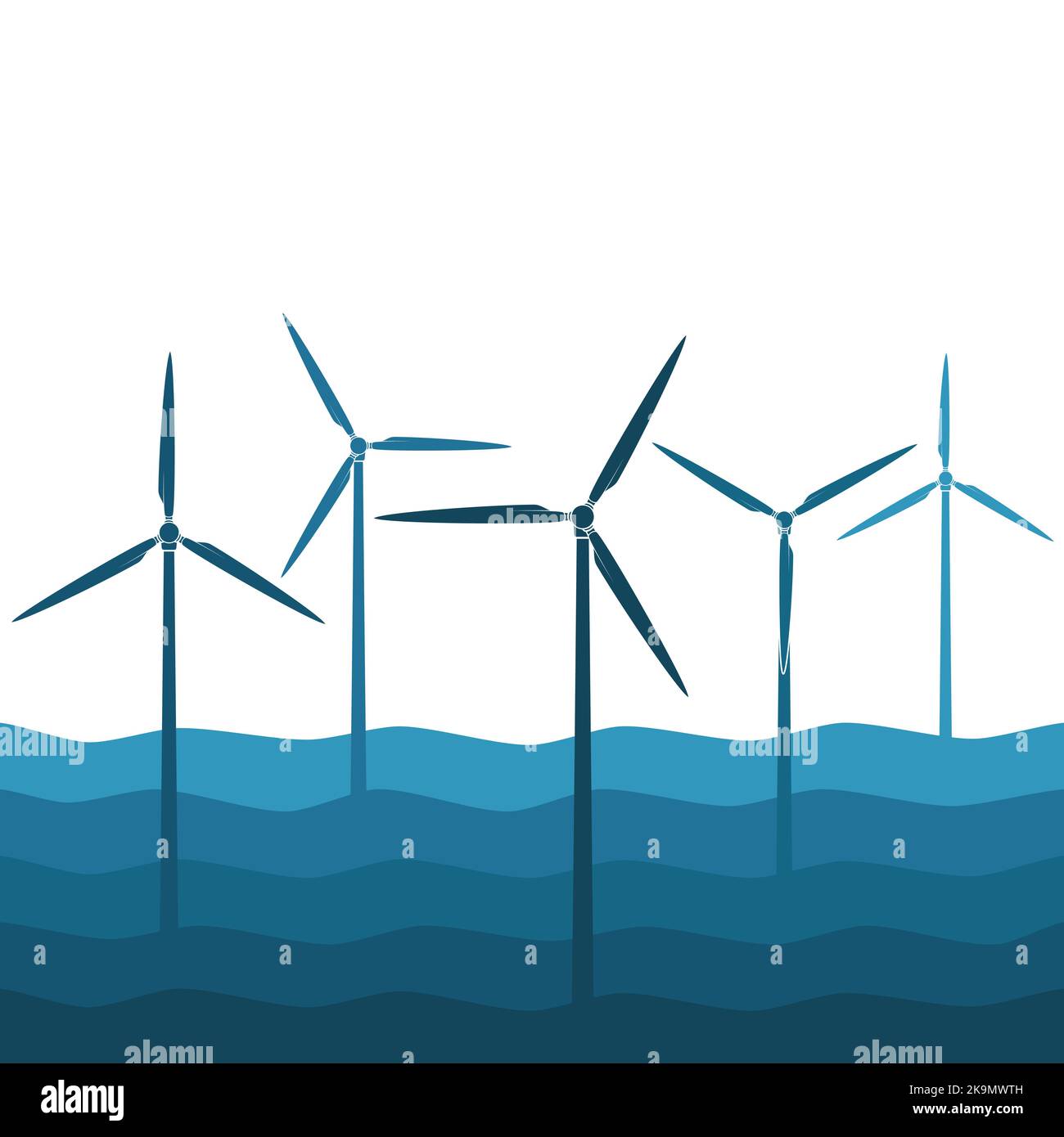 Illustrazione con onde e mulini a vento, turbine eoliche. Sfondo colorato vettoriale. Illustrazione Vettoriale