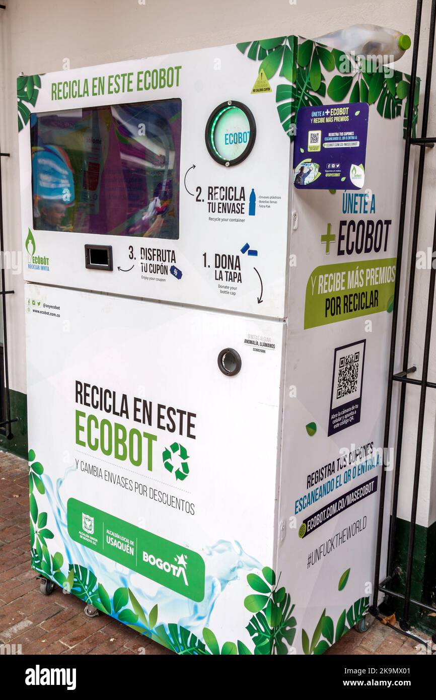 Bogota Colombia,Usaquen Carrera 6a Ecodot riciclaggio stazione container sostenibilità,cartello informazioni promozione pubblicità promozione, Colomb Foto Stock