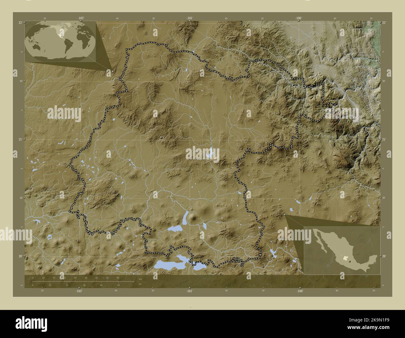 Guanajuato, stato del Messico. Mappa dell'altitudine colorata in stile wiki con laghi e fiumi. Mappe delle posizioni ausiliarie degli angoli Foto Stock