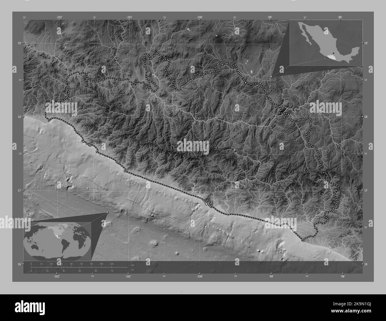 Guerrero, stato del Messico. Mappa in scala di grigi con laghi e fiumi. Mappe delle posizioni ausiliarie degli angoli Foto Stock