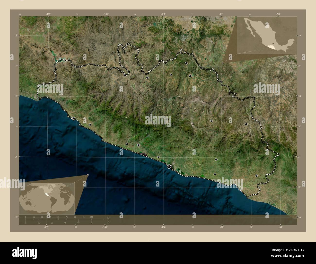 Guerrero, stato del Messico. Mappa satellitare ad alta risoluzione. Posizioni delle principali città della regione. Mappe delle posizioni ausiliarie degli angoli Foto Stock