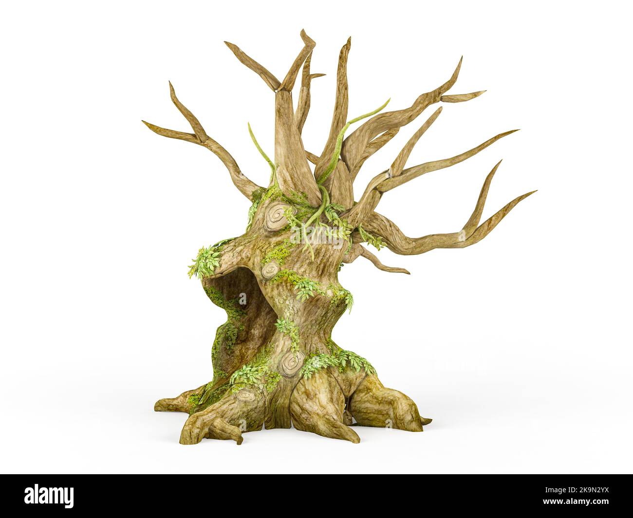 Spaventoso albero morto con pianta strisciante isolato su sfondo bianco, 3D rendering Foto Stock