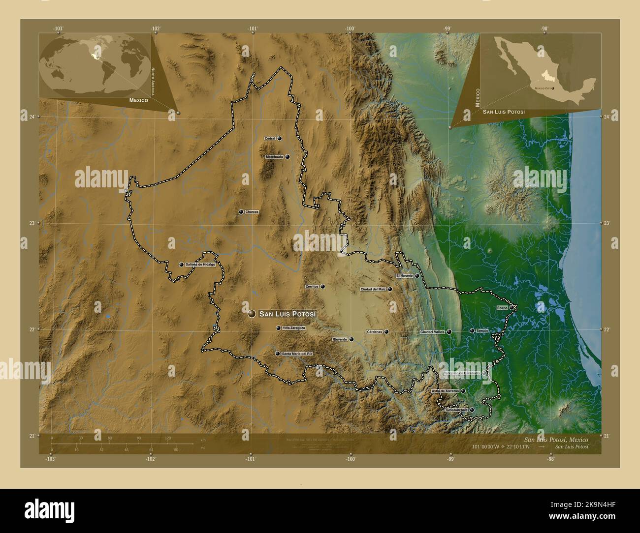 San Luis Potosi, stato del Messico. Mappa di altitudine colorata con laghi e fiumi. Località e nomi delle principali città della regione. Pos. Ausiliario angolo Foto Stock