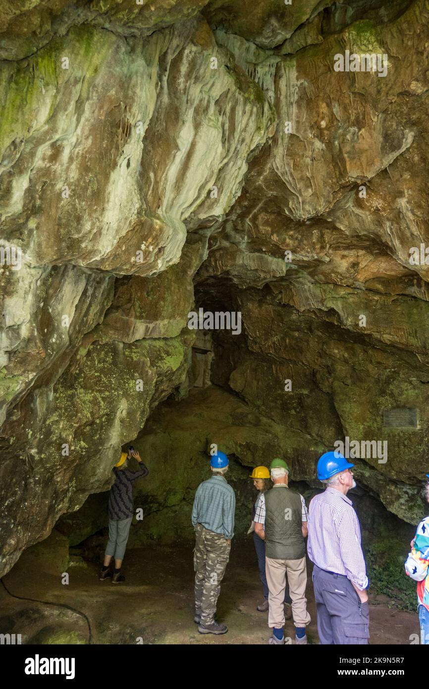 Regno Unito, Inghilterra, Devonshire. Il William Pengelly Cave Studies Centre a Buckfastleigh. Una guida geologa che mostra i visitatori all'ingresso della Grotta di Reeds. Foto Stock