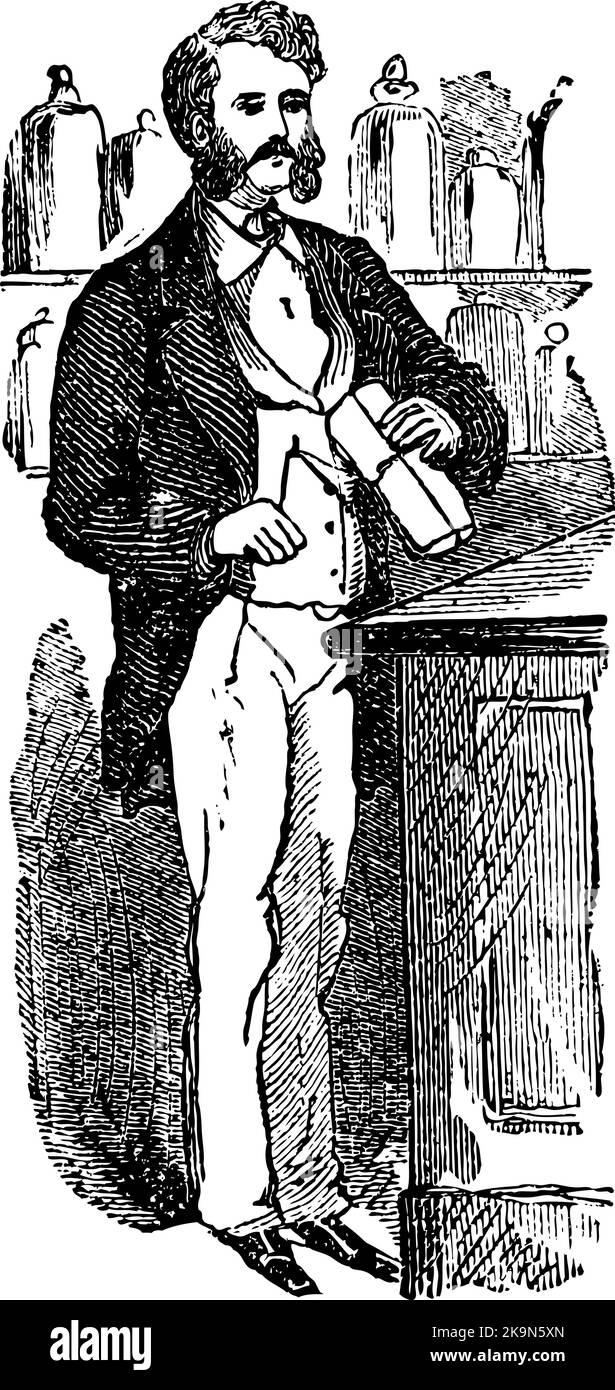 Disegno grafico uomo in gilet che tiene un oggetto in piedi di fronte a un bancone. Forse un barista o un farmacista Illustrazione Vettoriale