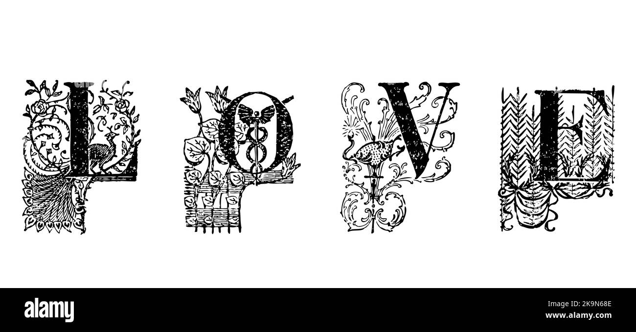 Lettere illuminate Spelling Love ornate L o V e Gizex Illustrazione Vettoriale