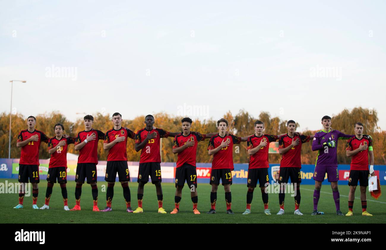 I giocatori del Belgio una partita di calcio tra Romania U17 e Belgio U17, sabato 29 ottobre 2022 a Buftea, Romania, partita 2/3 nelle qualifiche per i Campionati europei 2023. FOTO DI BELGA NIKOLA KRSTIC Foto Stock