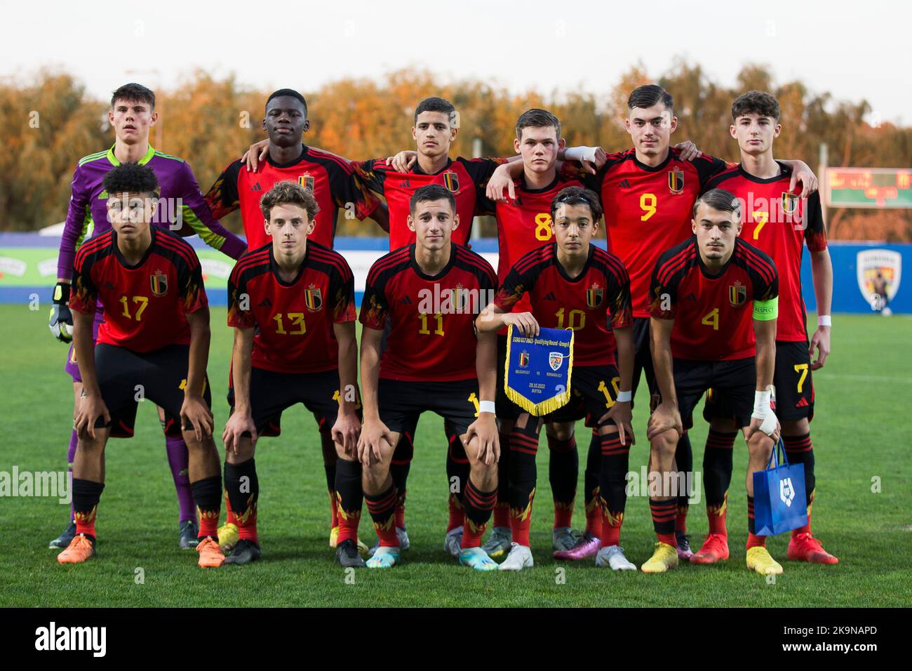I giocatori del Belgio una partita di calcio tra Romania U17 e Belgio U17, sabato 29 ottobre 2022 a Buftea, Romania, partita 2/3 nelle qualifiche per i Campionati europei 2023. FOTO DI BELGA NIKOLA KRSTIC Foto Stock