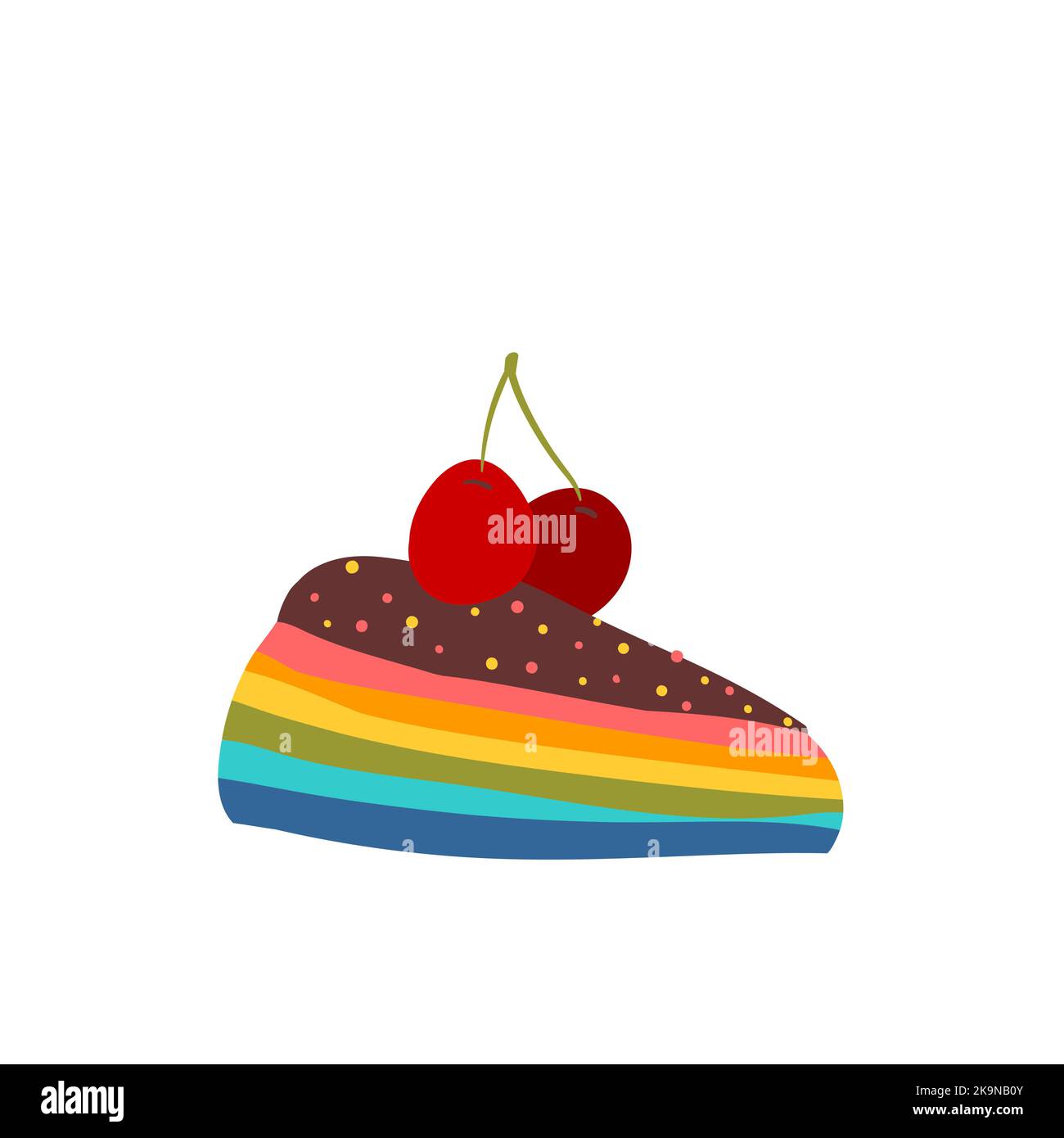 Fetta di torta arcobaleno con ciliegie su sfondo bianco. Illustrazione vettoriale. Illustrazione Vettoriale