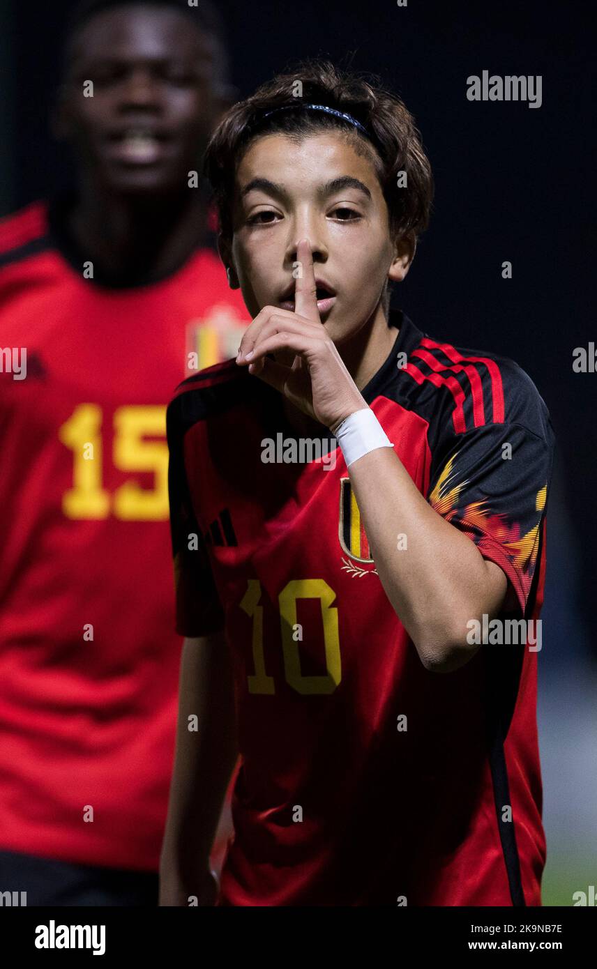 Rayane Bounida in Belgio una partita di calcio tra Romania U17 e Belgio U17, sabato 29 ottobre 2022 a Buftea, Romania, partita 2/3 nelle qualifiche per i Campionati europei 2023. FOTO DI BELGA NIKOLA KRSTIC Foto Stock