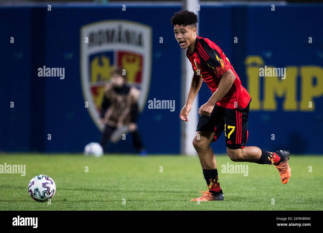 Il belga Nolhan Courtens una partita di calcio tra Romania U17 e Belgio U17, sabato 29 ottobre 2022 a Buftea, Romania, partita 2/3 nelle qualifiche per i Campionati europei 2023. FOTO DI BELGA NIKOLA KRSTIC Foto Stock