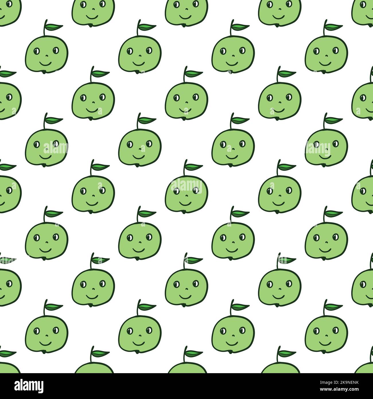 Sfondo senza cuciture con graziose mele verdi in stile cartoon. Struttura decorativa di frutta Illustrazione Vettoriale