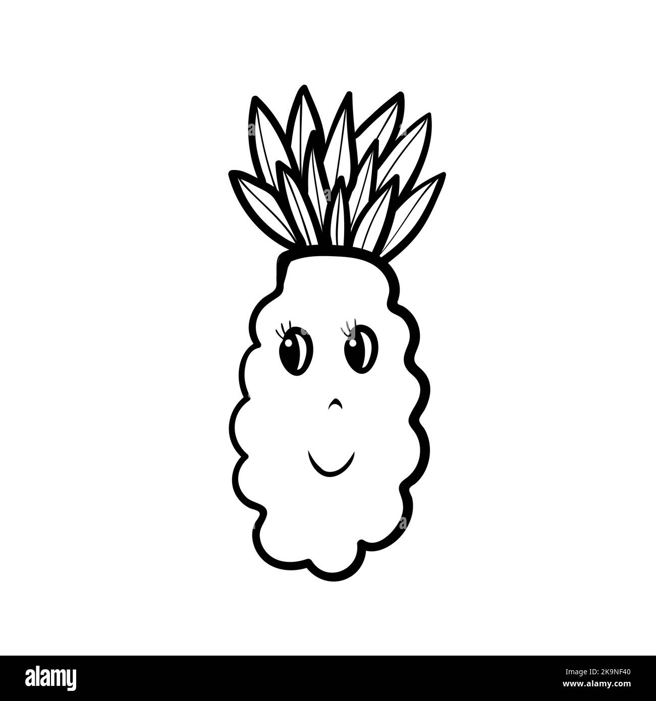 Illustrazione vettoriale di ananas su sfondo bianco. Frutta con gli occhi e il sorriso. Illustrazione carina stile cartone animato. Elemento del libro da colorare. Illustrazione Vettoriale