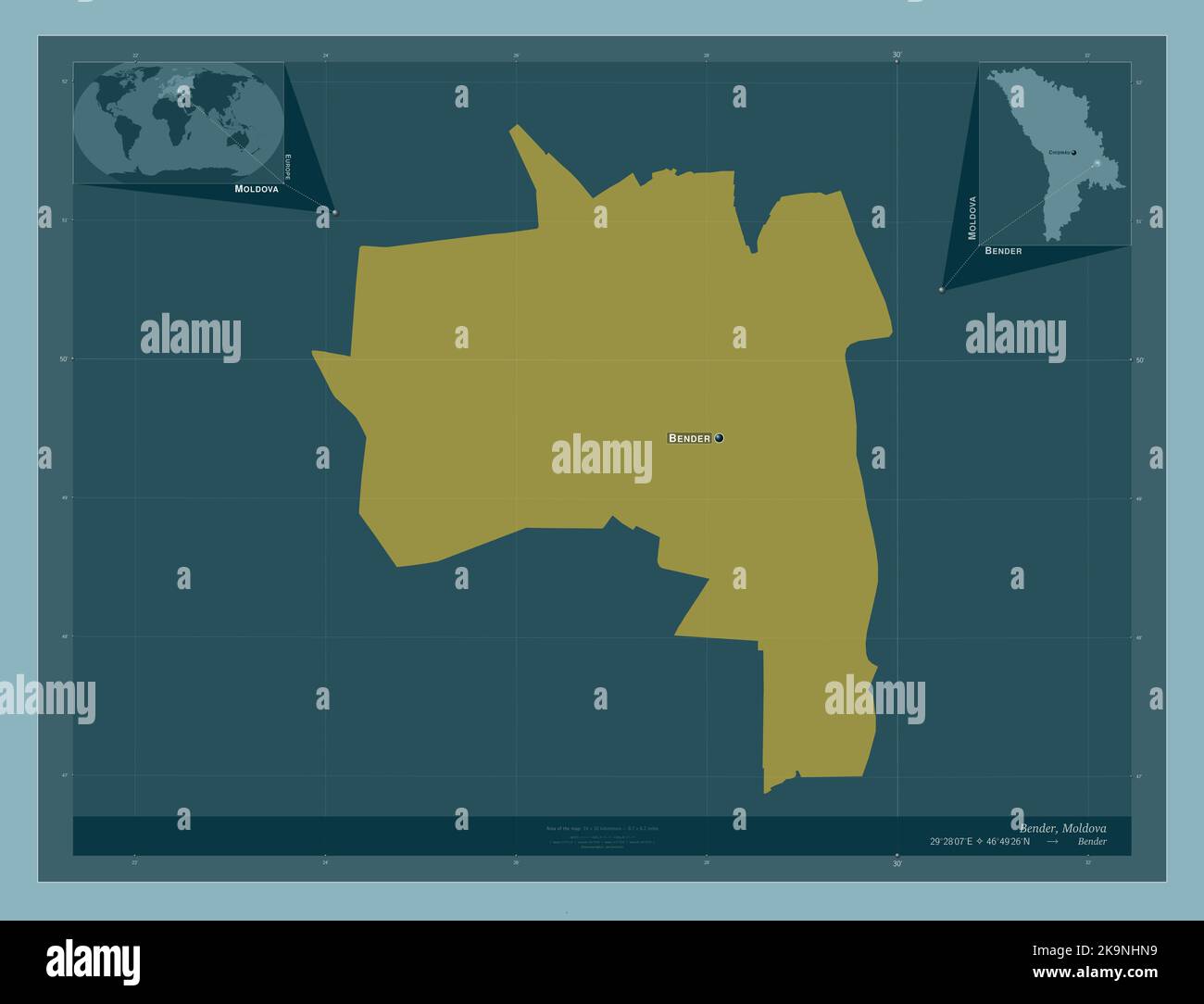 Bender, città della Moldavia. Forma a tinta unita. Località e nomi delle principali città della regione. Mappe delle posizioni ausiliarie degli angoli Foto Stock