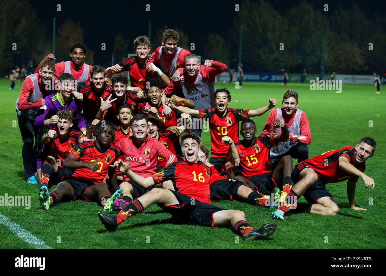 I giocatori del Belgio una partita di calcio tra Romania U17 e Belgio U17, sabato 29 ottobre 2022 a Buftea, Romania, partita 2/3 nelle qualifiche per i Campionati europei 2023. FOTO DI BELGA NIKOLA KRSTIC Foto Stock