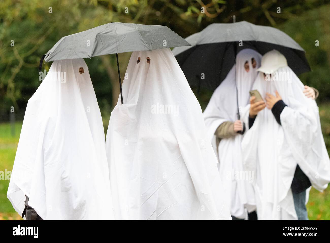 Manchester, Regno Unito. 29th Ott 2022. Tentativo record mondiale come numero di persone vestite come fantasmi al Platt Fields Park di Manchester. Il tentativo orgainsed da Paranormal Rescue ha raccolto i soldi per i cani di carità Greyhound Gap. Il tentativo non ha raggiunto il record mondiale che gli organizzatori hanno accusato per le condizioni meteorologiche avverse e per le recenti scassate nelle vicinanze di alloggi per studenti al Owens Park di Fallowfield. Credit: GaryRobertsphotography/Alamy Live News Foto Stock