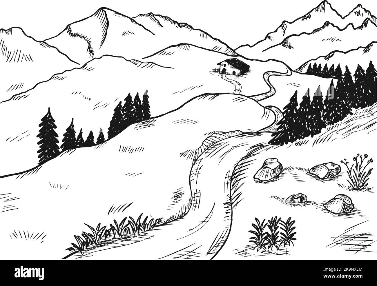 Linea arte disegnata a mano contorno paesaggio montano paesaggio isolato su sfondo bianco. Illustrazione, elegante in nero, a colori. Vettore. Illustrazione Vettoriale