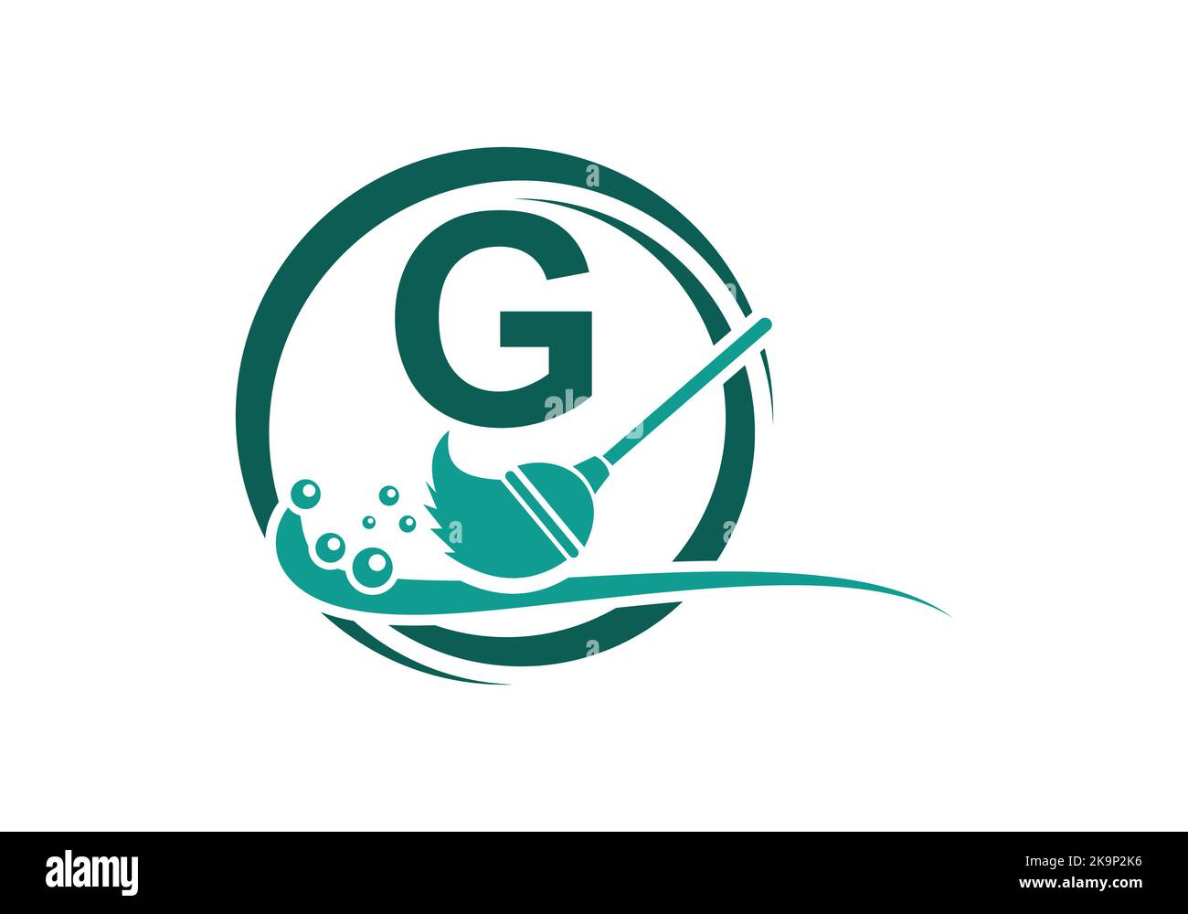 Logo per la pulizia della casa sulla lettera G con concetto di Water Spa e Leaf. Logo cameriera, icona spazzola per la pulizia, modello goccia d'acqua. Illustrazione Vettoriale