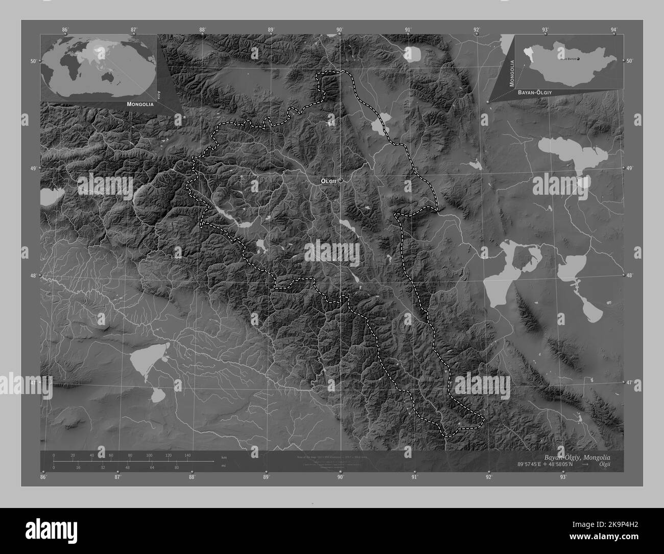 Bayan-Olgiy, provincia della Mongolia. Mappa in scala di grigi con laghi e fiumi. Località e nomi delle principali città della regione. Angolo ausiliario Foto Stock