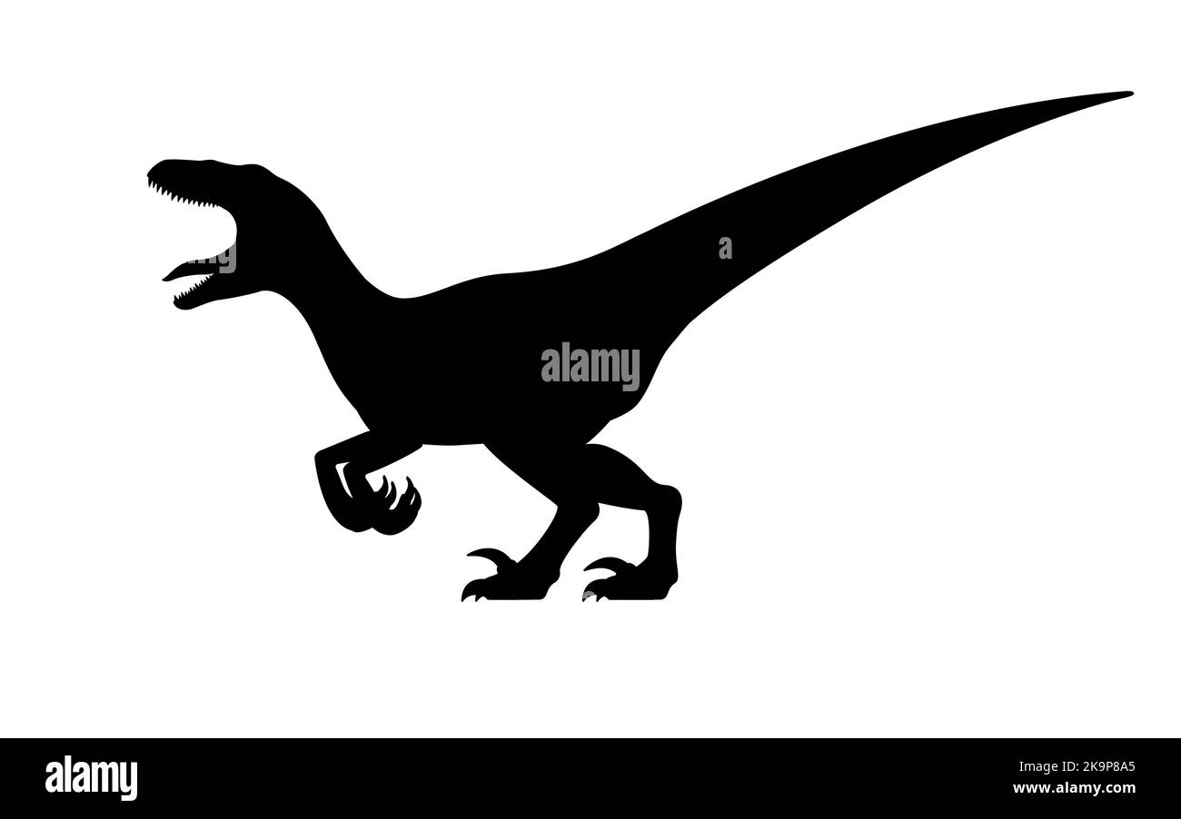 Profilo del dinosauro ruggito velociraptor. Illustrazione vettoriale di un dinosauro velociraptor nero snarling isolato su bianco. Icona del logo, vista laterale. Illustrazione Vettoriale